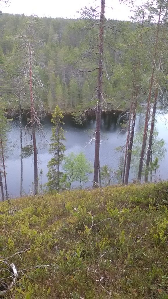 Hirsiniemi: näkymä harjulta kapealle järvelle