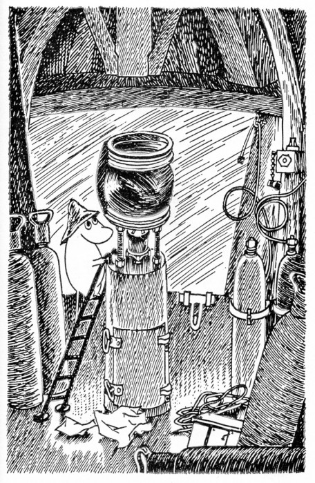 Muumipappa majakan loistokojussa. Tove Jansson on ollut selvästi perillä kaasutoimisesta loistosta. Muumipappa ja meri ilmestyi 1965, joten kirjailijalla oli hyvää aikaa käydä tutustumassa Söderskärin 1957 automatisoituun loistoon.