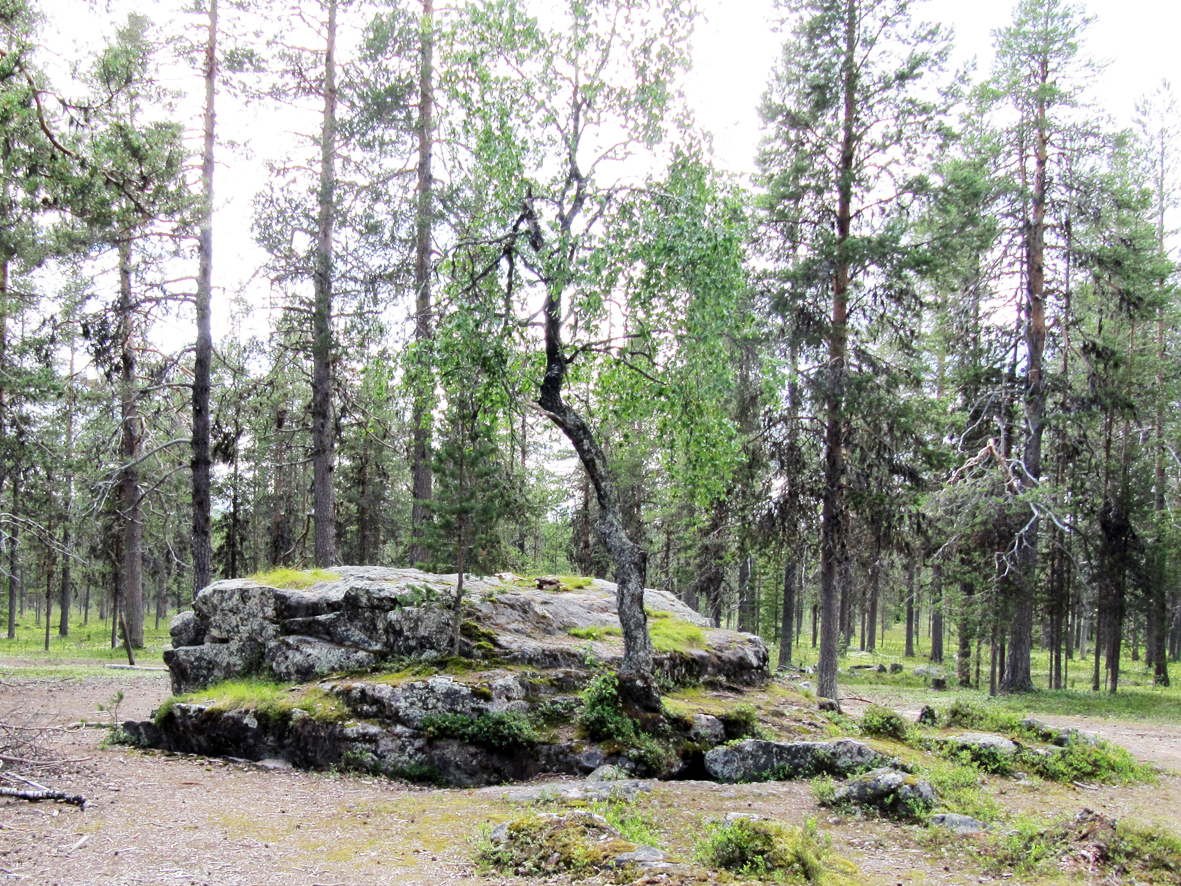 Kirkkopahta-seita on pari kilometriä ennen Pakasaivoa Äkäsjoentien varrella ja näkyy metsäautotielle.
