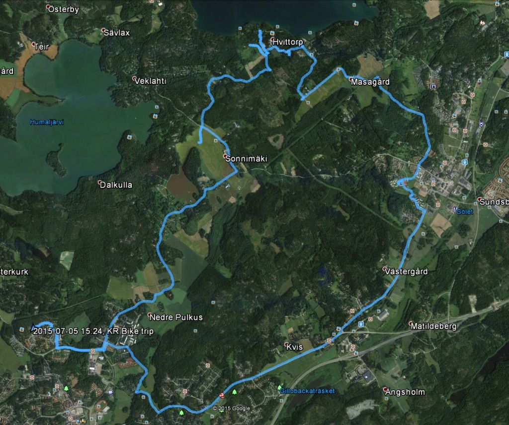 Pyöräretken GPS-loki Google Earth -satelliittikartalla. 24,7 km / 110 min.