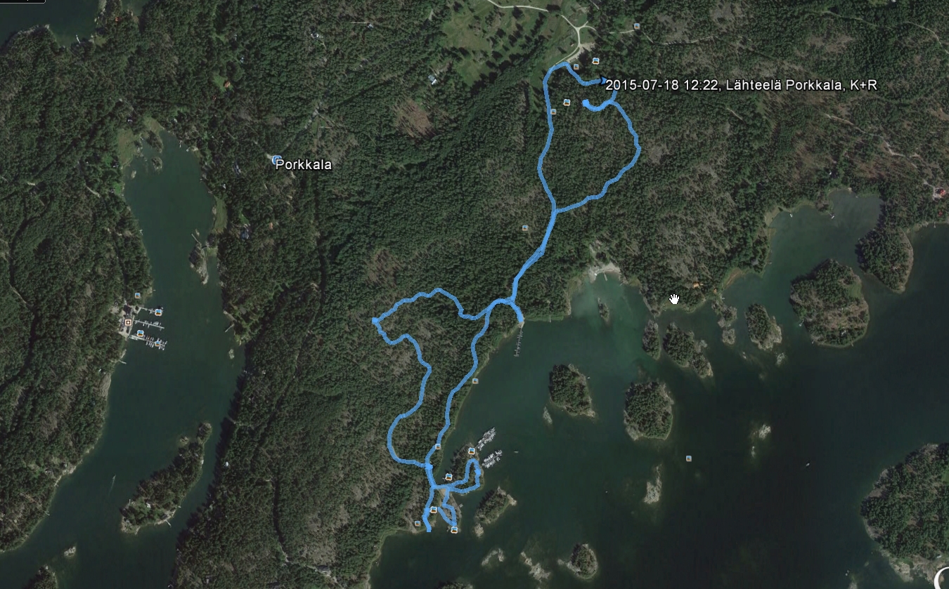 Heinäkuisen retken reitti Google Earth satelliittikartalla. Reitin kokonaismitta 4,2 km ja 2 t 15 min, kaikkine taukoineen.