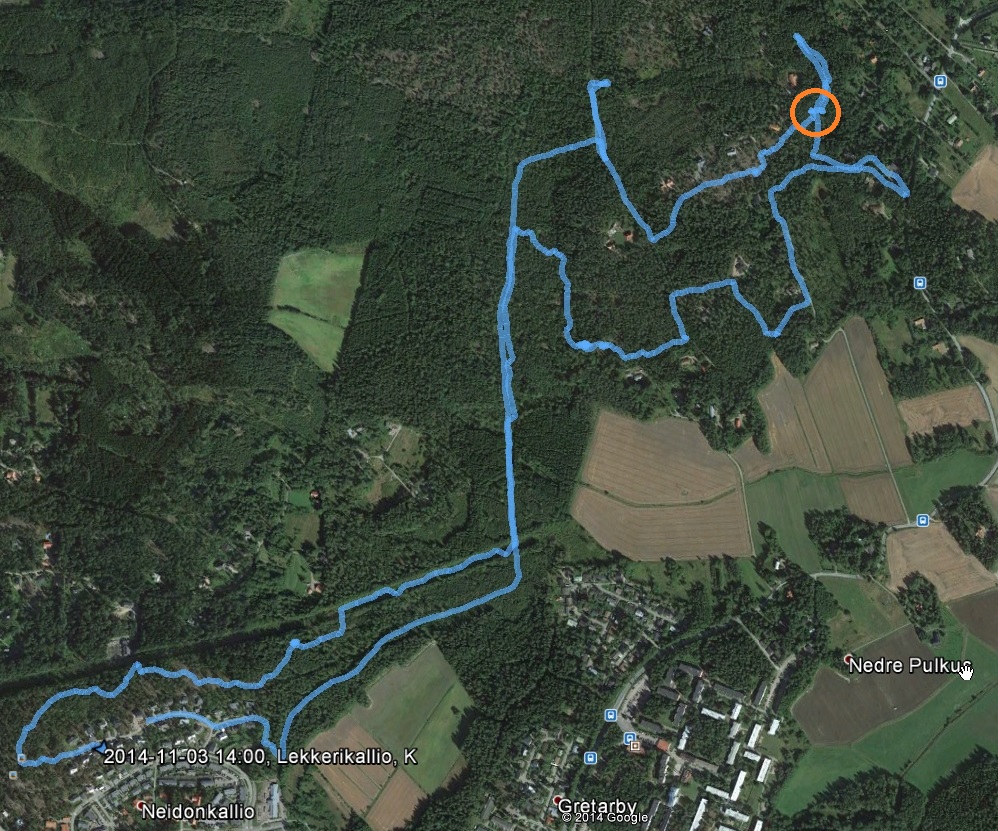 Kuva reitistä ja paikasta Google Earth -satelliittikartalla. Retken dimensiot 8,6 km / 135 min.