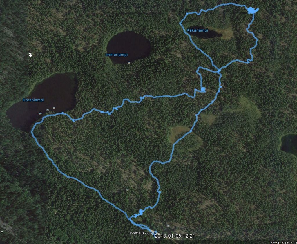 Retkemme reitti Google Earth -satellittikartalla. 5 km ja 5 tuntia. Ei pituudella pilattu.