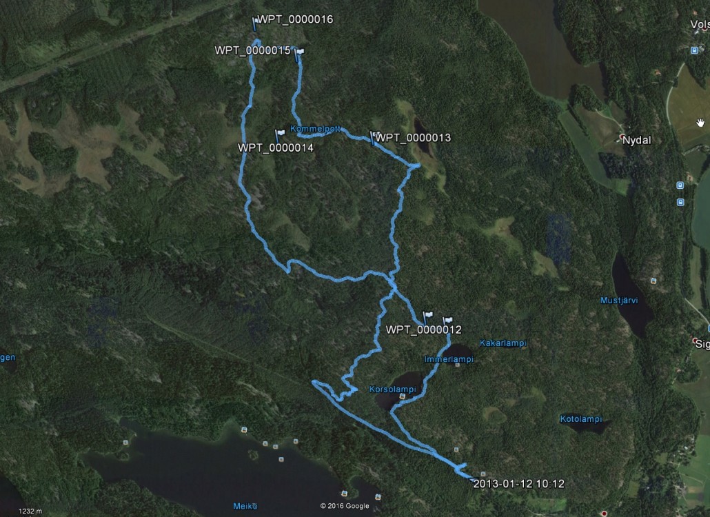 Retken reitti Google Earth -satelliittikartalla. 9,0 km ja 3 t 20 min, taukoineen.