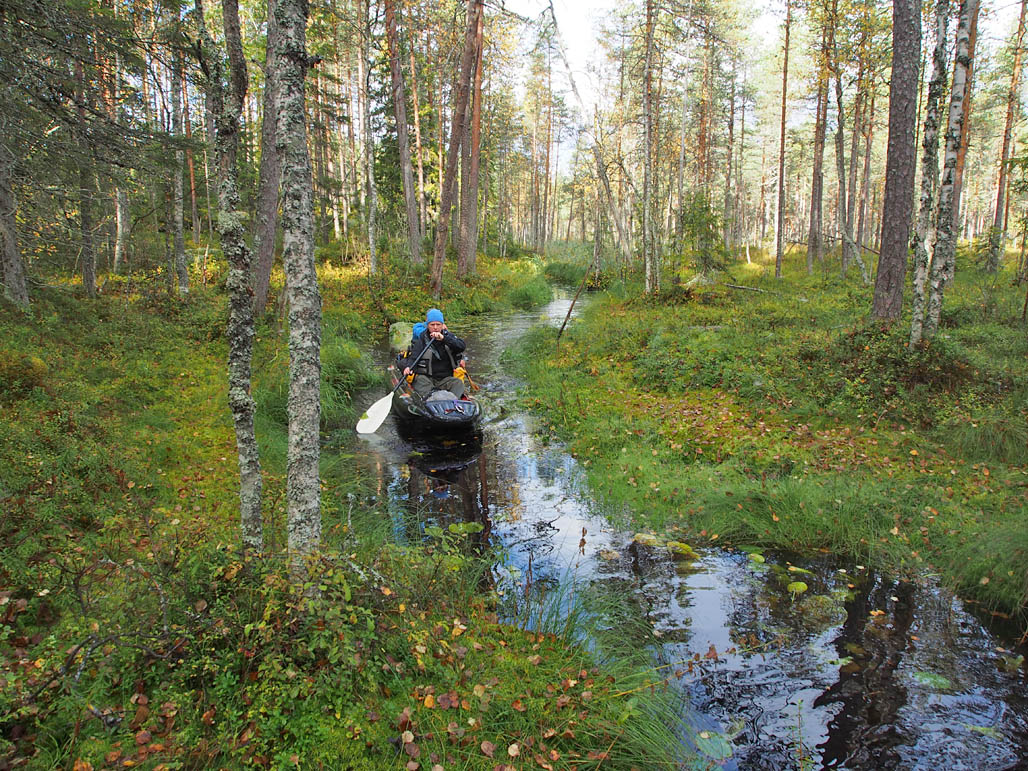 Avokanoottivesi voi olla pienikin vesi. Tässä pieni metsäjärviä yhdistävä puro Helvetinjärven kansallispuistossa. 