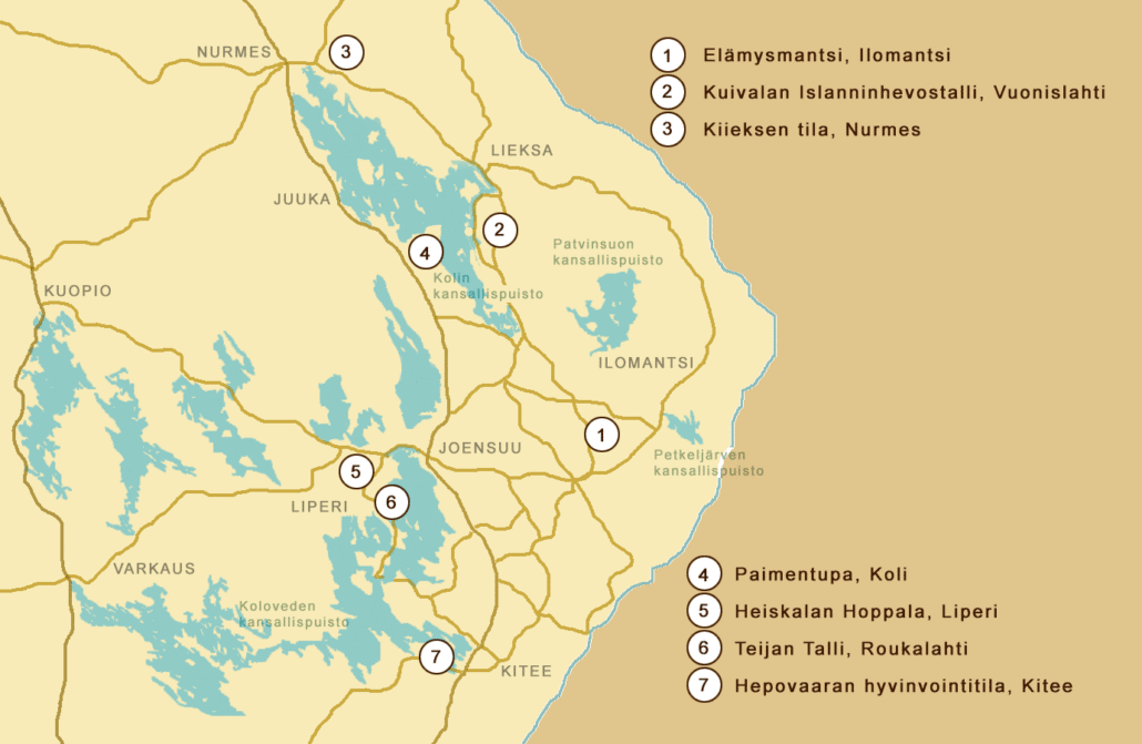 Karttapiirroksessa seitsemän pohjoiskarjalalaisen hevostilan sijainnit