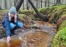 A warmly dressed fair-haired woman bent over a thawed, sandy-bottomed forest brook in a spruce forest.